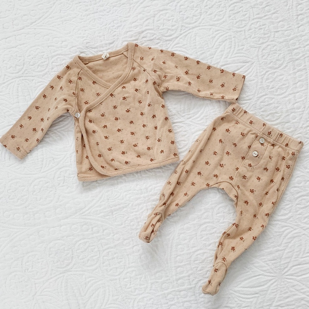 Quincy Mae Pointelle Wrap Top & Footed Pant Set, Blush Ditsy